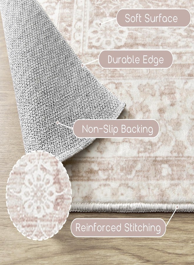 BILEEHOME Light Pink Nursery Rug for Baby Girl Neutral Blush Pink Boho Floral Pattern Carpet 5 x 8 Washable Non Slip Low Pile Soft Surface Area Rugs for Living Room Bedroom Playroom,5x8 - Image 3